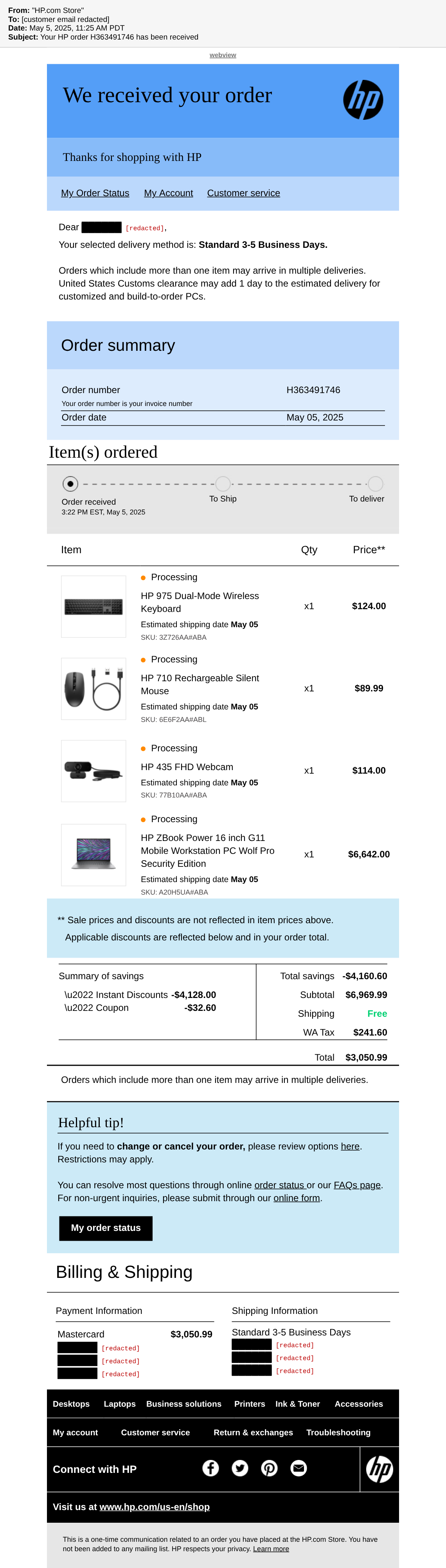 HP.com order confirmation, Order H363491746