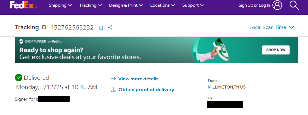 FedEx tracking: delivered May 12, 2025