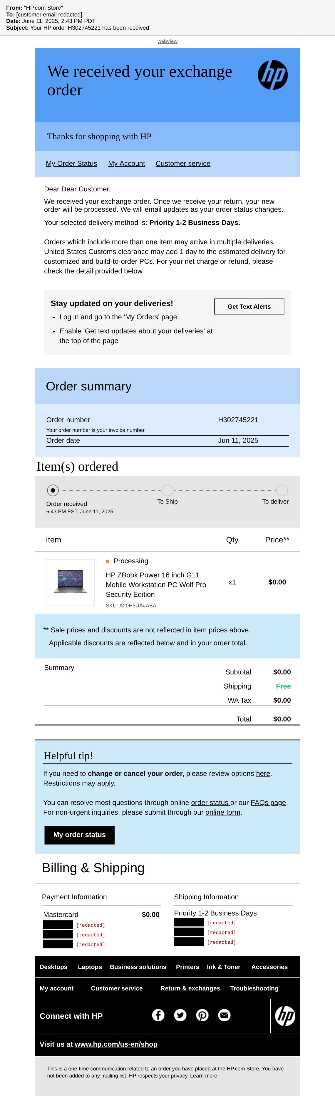 HP: “We received your exchange order” (H302745221)