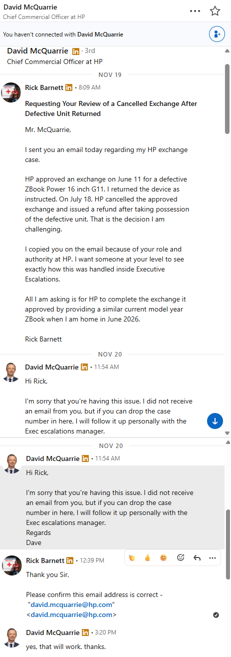David McQuarrie, HP Chief Commercial Officer: “I will follow it up personally”