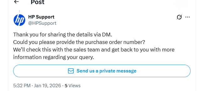 HP Support on X asks for a purchase order number